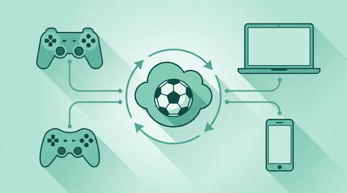 Illustration of a cloud holding a football with sync arrows connected to two controllers, a laptop, and a phone