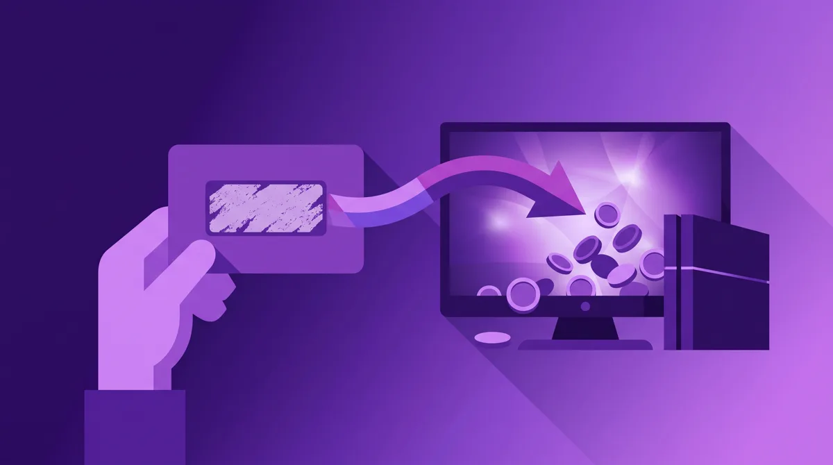 Illustration of a hand holding a scratch card with an arrow pointing to a monitor full of coins next to a console