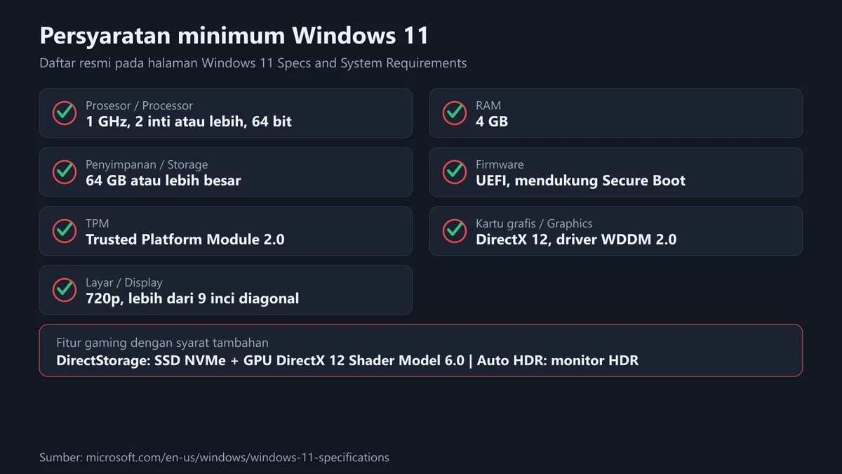 Diagram listing the Windows 11 minimum requirements: processor, RAM, storage, UEFI firmware, TPM 2.0, graphics card, and display