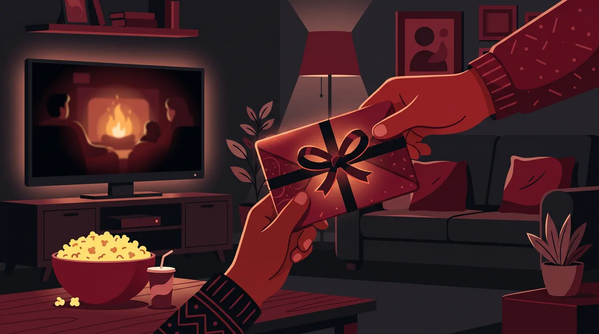 Illustration of one hand giving a wrapped gift card to another hand with a television in the background