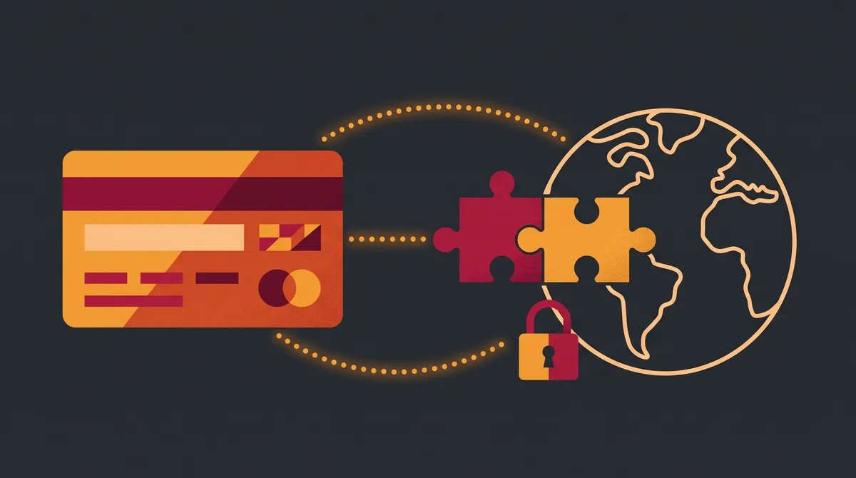 Illustration of a prepaid card linked to a globe with two interlocking puzzle pieces and a small padlock