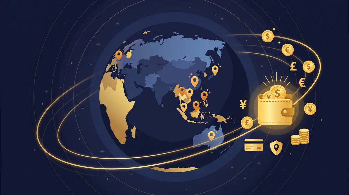 Illustration of a globe with location pins and a golden wallet with coins orbiting it