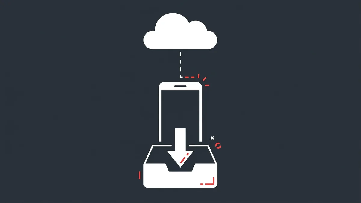 Illustration of a phone with a download arrow into a storage tray and a cloud disconnected by a dashed line