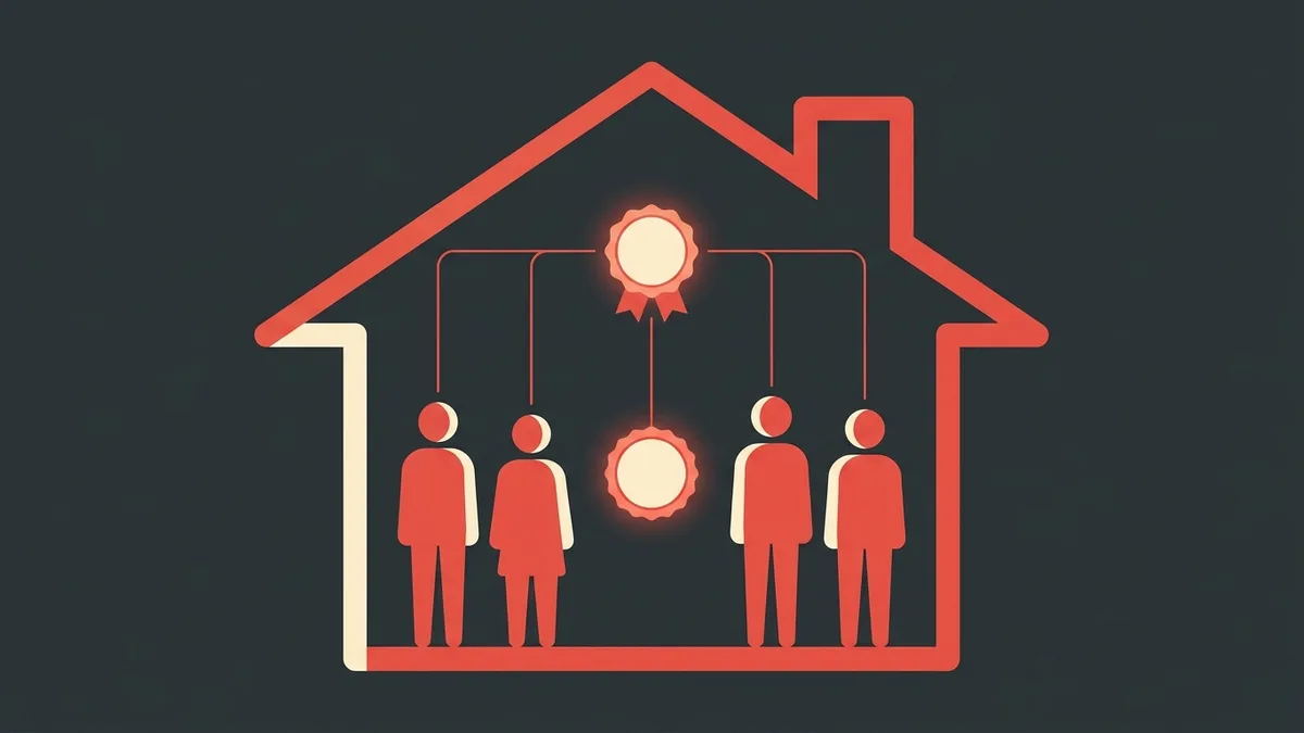 Illustration of several person silhouettes inside one house connected to a subscription badge